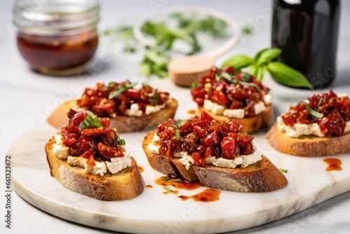 bruschetta with sundried tomatoes and goat cheese on a marble tray