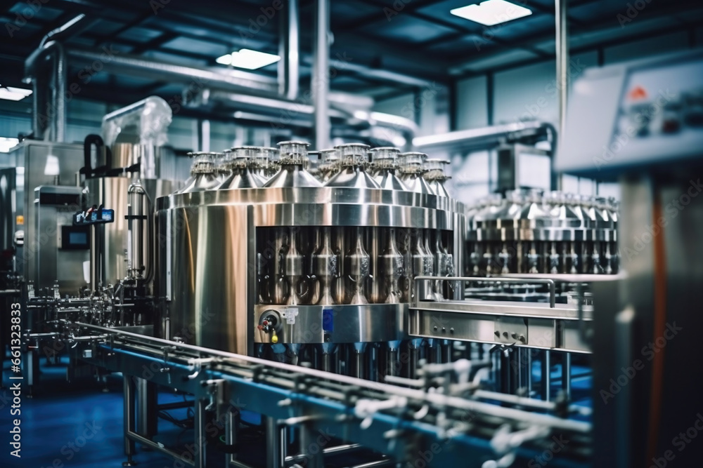 Factory for the production of beer. Brewery conveyor with glass beer drink alcohol bottles, modern production line. Blurred background. Modern production for bottling drinks. Selective focus. Factory for the production of beer. Brewery conveyor with glass beer drink alcohol bottles, modern production line. Blurred background. Modern production for bottling drinks. Selective focus.