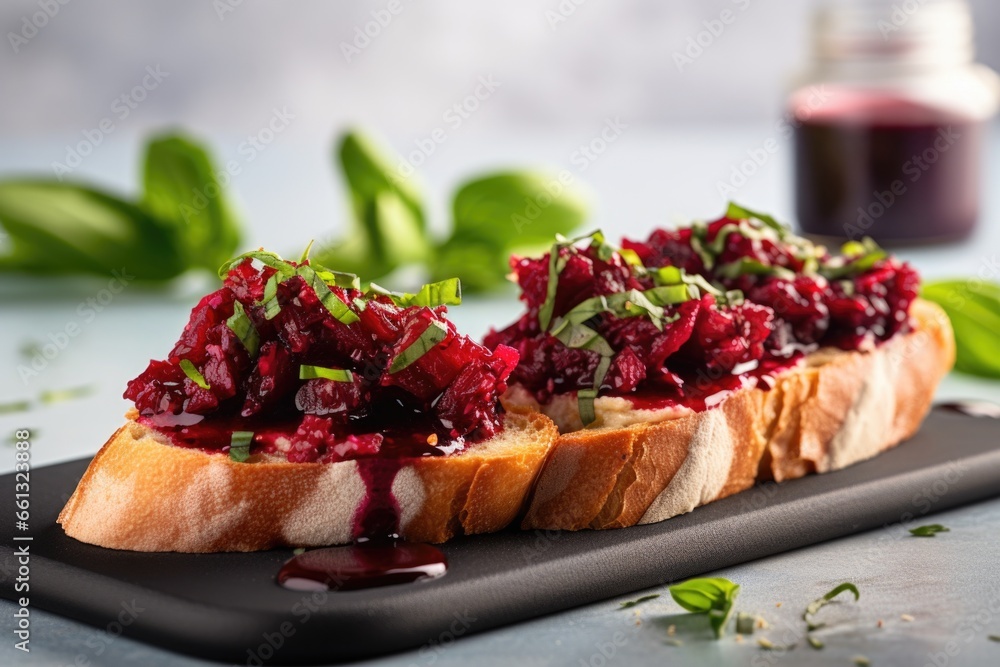 beetroot bruschetta with basil leaves on top beetroot bruschetta with basil leaves on top