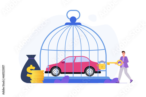 Car inside cage, debt personal car concept. Flat Vector illustrations for banner, website, landing page, flyer.