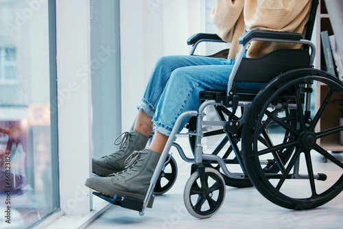 Home, closeup and woman with a wheelchair, calm and accident with results, support and mobility. Person with disability, girl and patient with wellness, health and recovery with healing and apartment