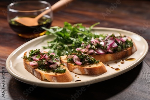 ceramic plate of bruschetta with chopped arugula and red onion