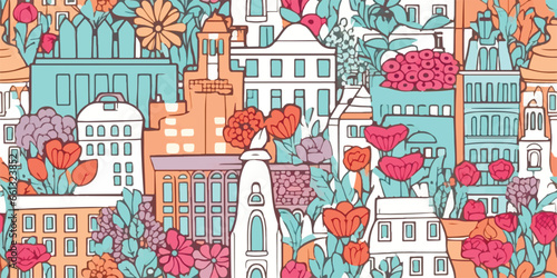 Vector pattern with with flowers, branch, leaves, flower market and cute Netherlands houses. Holland, Amsterdam. Creative floral texture. Great for fabric, textile Vector Illustration
