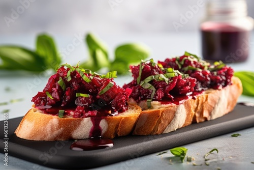 beetroot bruschetta with basil leaves on top