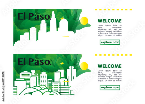 USA El Paso city banner pack with abstract shapes of skyline, cityscape, landmarks and attractions. US Texas state travel vector illustration set for brochure, website, page, header, presentation