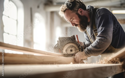 Man doing woodwork in carpentry photo