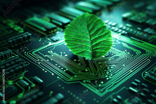 Carbon Nautral, ESG Concepts, Green Leaf inside a Computer Circuit Board, Growth, Environmental, Business and Technology Growth Together, Sustainable Resources