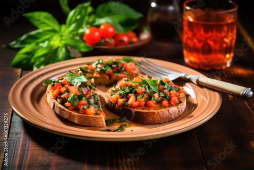 bruschetta served on a ceramic dish with a sprig of mint
