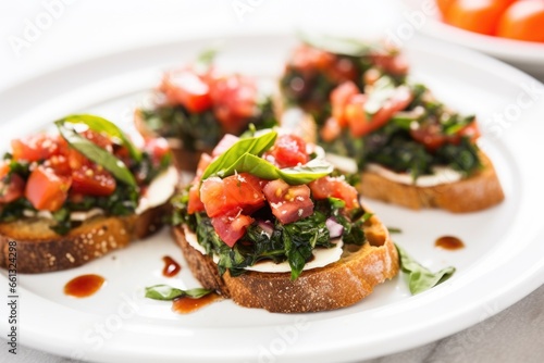 close-up of basil-topped bruschetta on a white plate