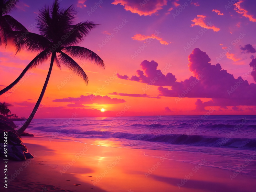 Serene beach at sunset with waves gently lapping the shore, palm trees swaying in the breeze, and a colorful sky painted with shades of orange, pink, and purple.