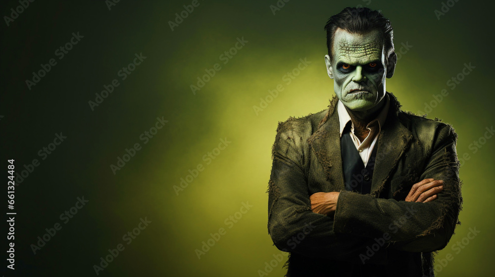 Man dressed as Frankenstein standing in front of isolated background - ai generative Man dressed as Frankenstein standing in front of isolated background - ai generative