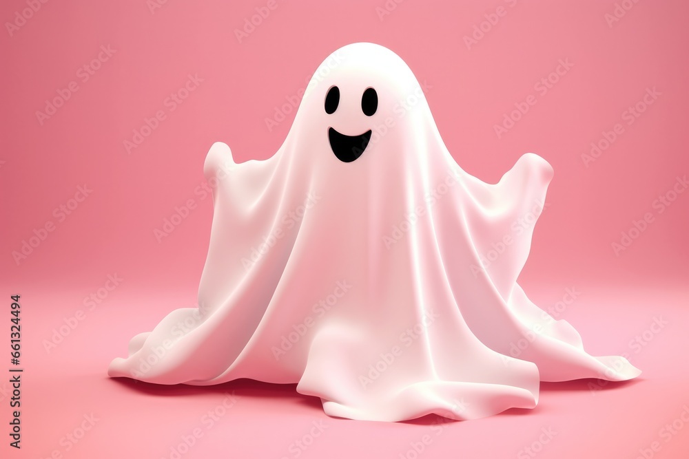 Cute cartoon ghost in white sheet costume, against a pastel pink background. Halloween fun with a spooky twist. Cute cartoon ghost in white sheet costume, against a pastel pink background. Halloween fun with a spooky twist.