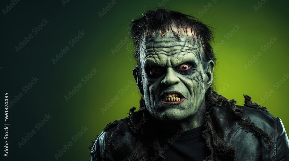 Man dressed as Frankenstein standing in front of isolated background - ai generative Man dressed as Frankenstein standing in front of isolated background - ai generative