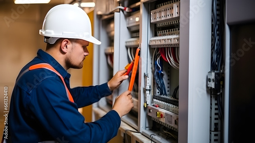 Male electrician working in an electrical panel