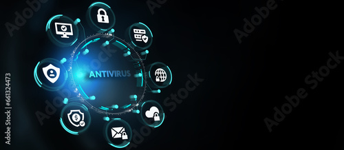 Antivirus Cyber security Data protection Technology concept on virtual screen. 3d illustration