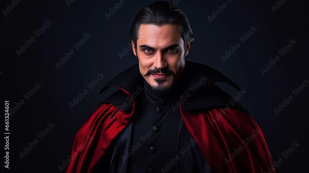 Man dressed as vampire standing in front of isolated background - ai generative Man dressed as vampire standing in front of isolated background - ai generative