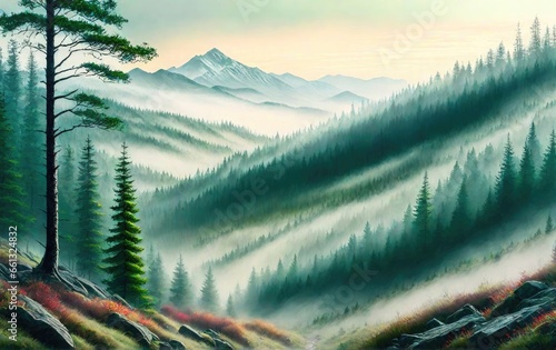 Illustration of the landscape of mountains covered with forest and fog. photo