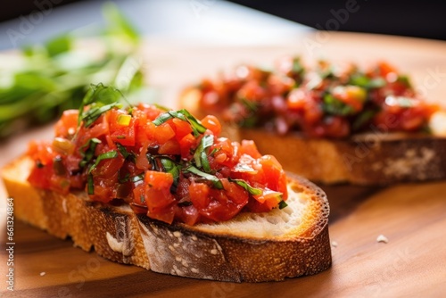 closeup of a morsel of bruschetta with one whole olive on it
