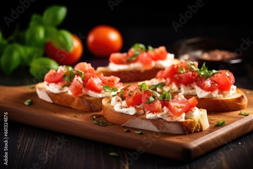 fresh sliced tomatoes on bruschetta with mozzarella pieces