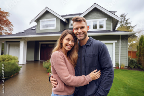 A happy couple stands proudly together in front of their new big  warm  and inviting home.