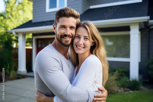 A happy couple stands proudly together in front of their new big, warm, and inviting home.