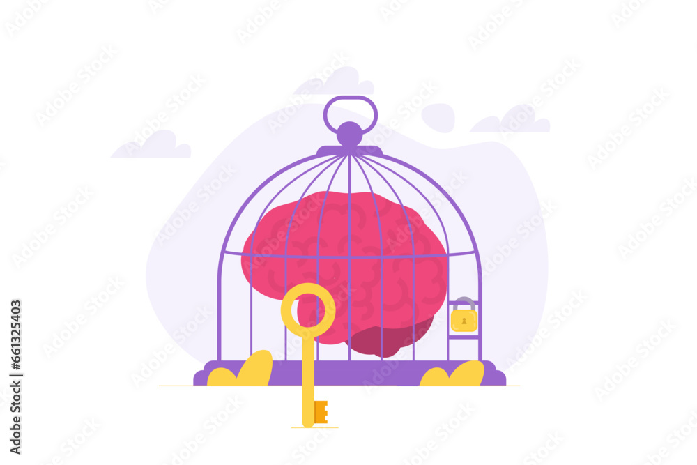 Limitation of thinking, brain in prison, mind closed to new ideas concept. Flat Vector illustrations for banner, website, landing page, flyer. Limitation of thinking, brain in prison, mind closed to new ideas concept. Flat Vector illustrations for banner, website, landing page, flyer.