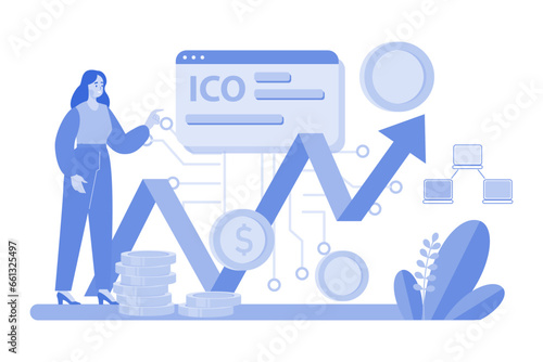 ICO Blockchain Illustration concept in white background