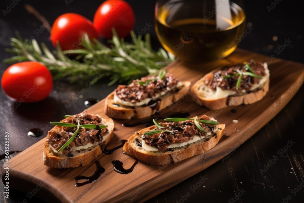 bruschetta with truffle oil near sprigs of rosemary bruschetta with truffle oil near sprigs of rosemary