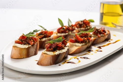 olive oil drizzled on sun-dried tomato bruschetta on a white surface