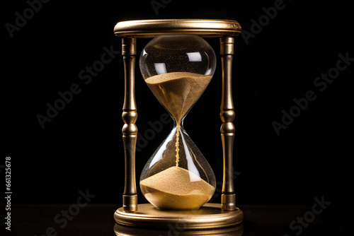 Hourglass on black background. Sand running through the glass. Time passing concept.