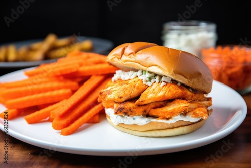 buffalo chicken sandwich served with a side of carrots