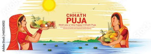 creative vector of Chhath Puja background with Indian Women doing prayer of God Sun and bathing in river