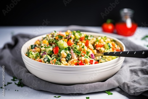 bowl of chickpea salad with a silver fork