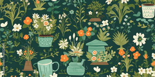 Seamless pattern with flowers in pots, branch, leaves, flower market. Creative floral texture. Great for fabric, textile Vector Illustration