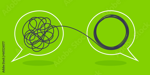 Psychologist consulting or mental problem solving brainstorm concept. Two speech bubbles conversation icons with line scribbles. Coach, mentoring psychotherapy. Complex to simple mind concept.
