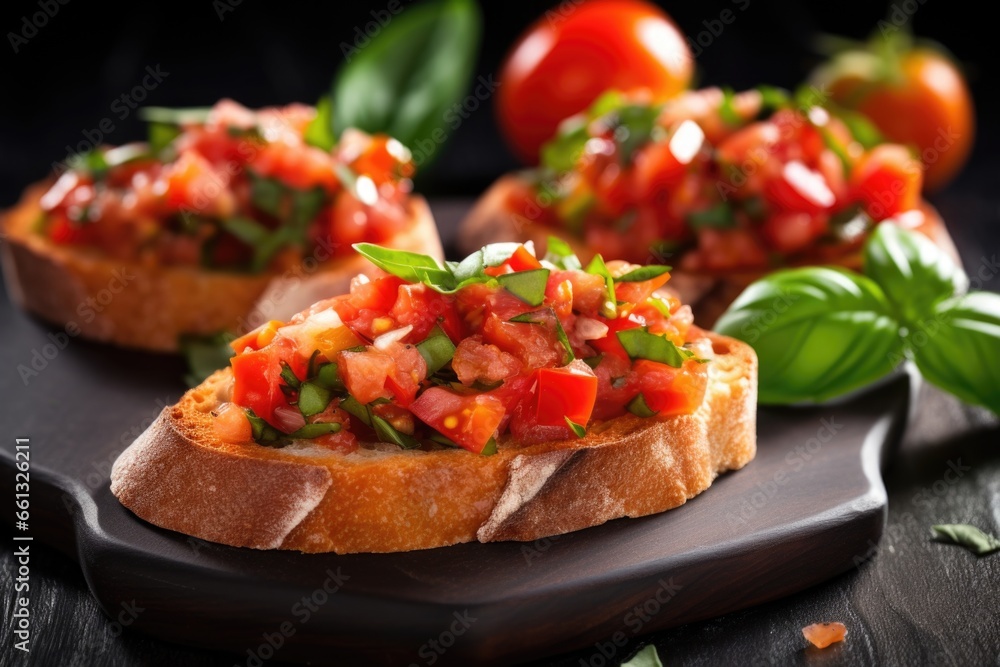 freshly prepared tomato bruschetta with dewy basil leaves on top