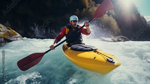 Man paddling kayak on a mountain river, extreme sport rafting whitewater kayaking
