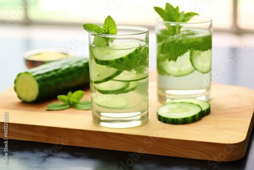 cucumber-mint water in a glass cup beside a slices of cucumber on wooden board