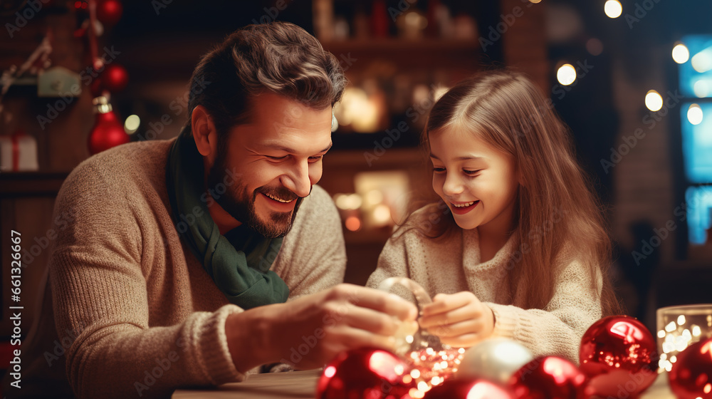 Man with daughter touching christmas toy at home Man with daughter touching christmas toy at home