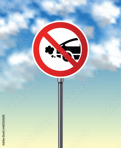 Forbidden exhaust, pollution cloud from car icon. No Exhaust gases, fumes. No idling turn engine. Stop smog from automobile. Vector