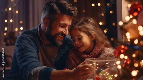 Man with daughter touching christmas toy at home