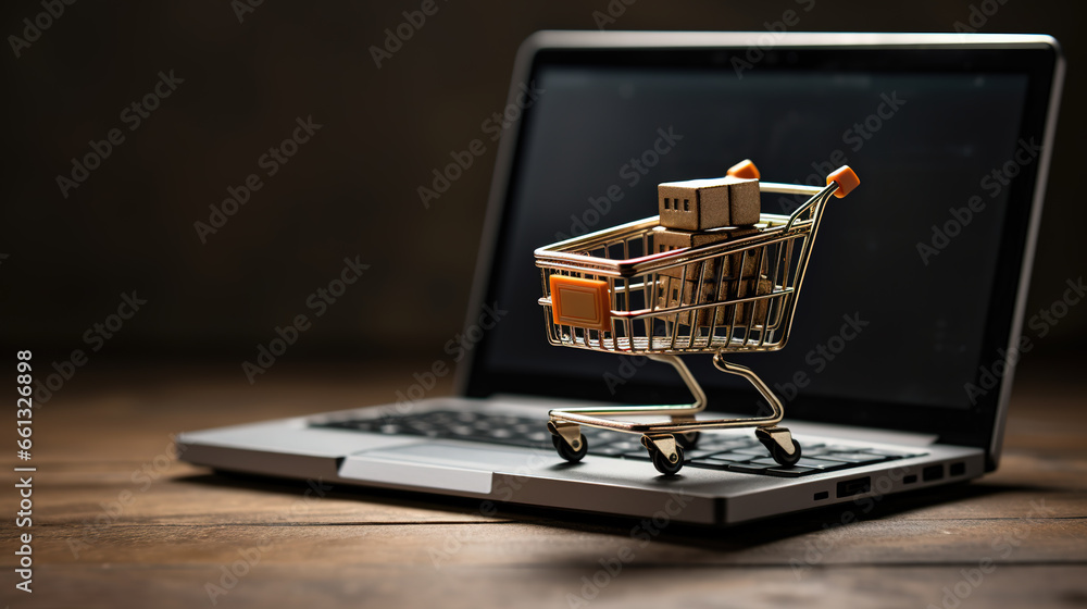 Shopping cart on a laptop keyboard. Online shopping and e-commerce concept.