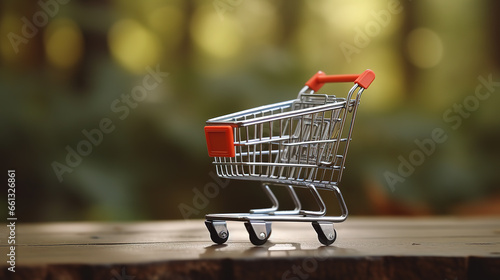 Shopping cart on a laptop keyboard. Online shopping and e-commerce concept.