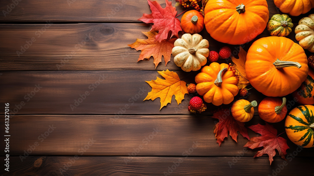 Festive autumn decor of pumpkins, berries and leaves wooden background Festive autumn decor of pumpkins, berries and leaves wooden background