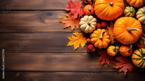 Festive autumn decor of pumpkins, berries and leaves wooden background