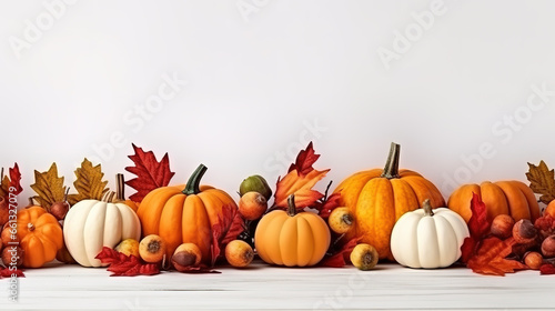 Autumn background with pumpkins and colorful leaves. Top view, copy space