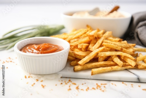 fries with barbecue dip on a white marble countertop