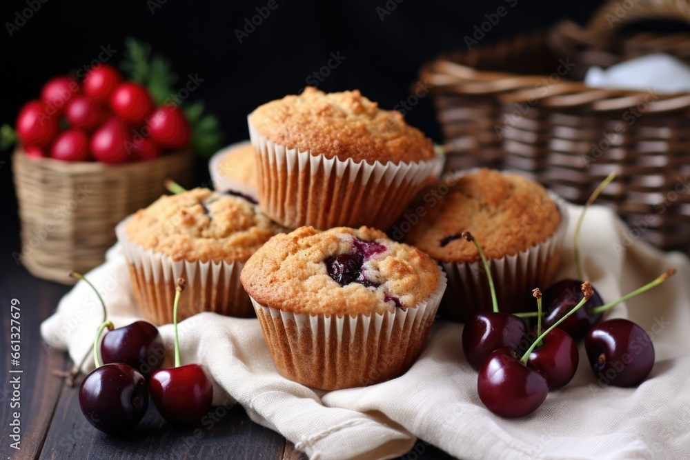 gluten-free cherry muffins beside a basket of dark cherries gluten-free cherry muffins beside a basket of dark cherries