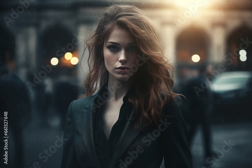 A smart Businesswoman is dressed in a sleek black suit, exuding a professional and government agent vibe, against a dark and hazy background, with rain falling in the backdrop. © Surachetsh