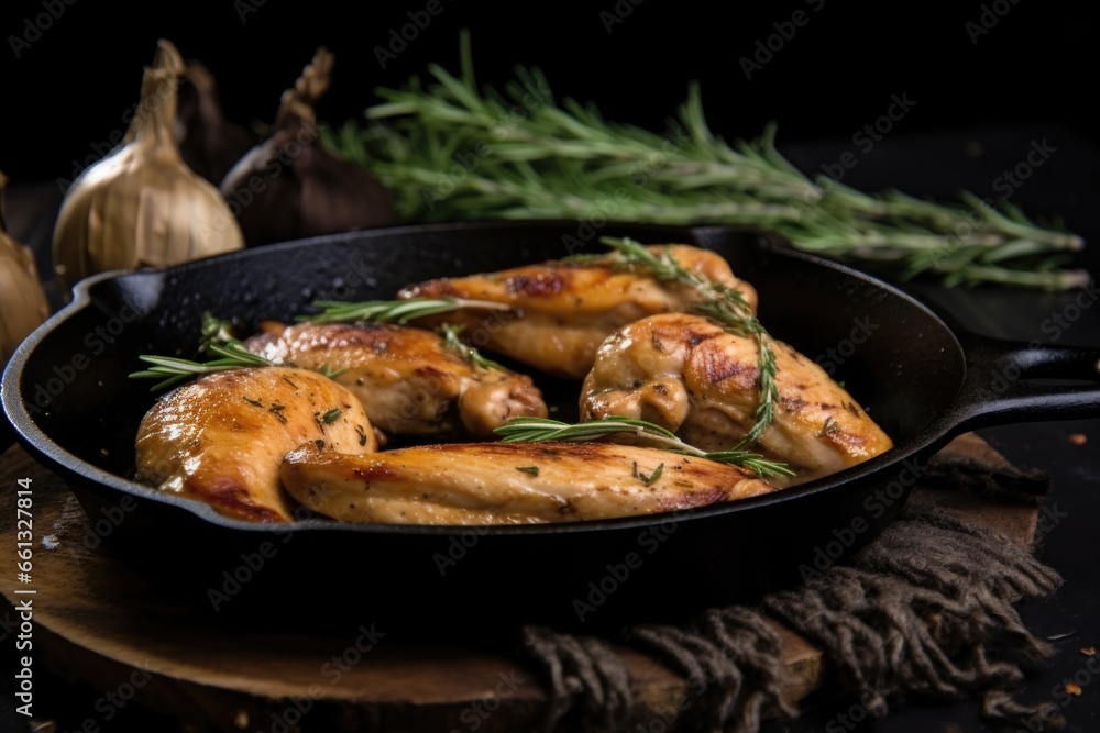 chicken grilled on a black skillet with thyme sprigs chicken grilled on a black skillet with thyme sprigs